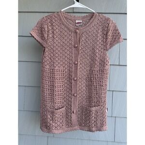 Biruni Retro Pink Lace‎ Knit Cardigan Pearl Detail Short Sleeve Small